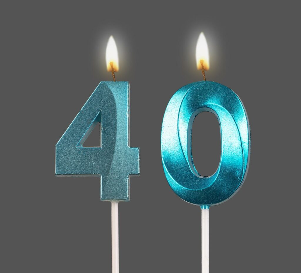 Lit birthday candles with the number 40.